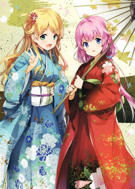 Wallpaper Anime Girls Kimono Blonde Pink Hair Umbrella Traditional Dress