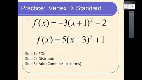Converting Quadratics Standard And Vertex Form Youtube