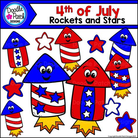 4th Of July Patriotic Rockets Clip Art Set Doodle Patch Designs