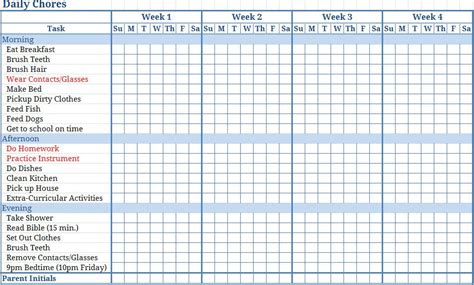 Monthly Chore Chart Template Hq Printable Documents