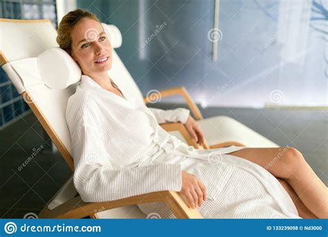Beautiful Woman Relaxing In Bathrobe In Resort Stock Photo Image Of