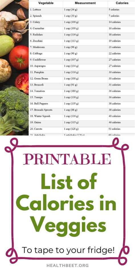 Printable List Of Calories In Vegetables