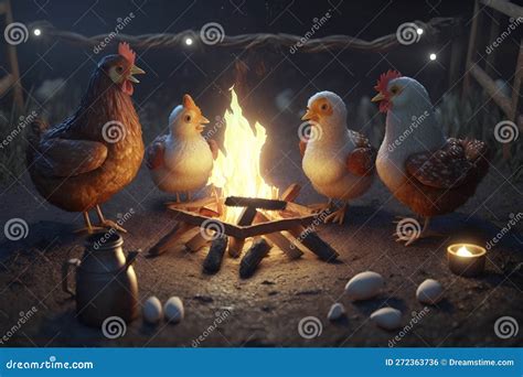 Chickens Gathering Around A Campfire Under The Starry Night Sky Stock