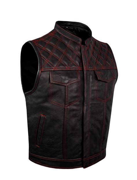 Mens Premium Naked Leather Motorcycle Club Vest Red Thread Zipper Front