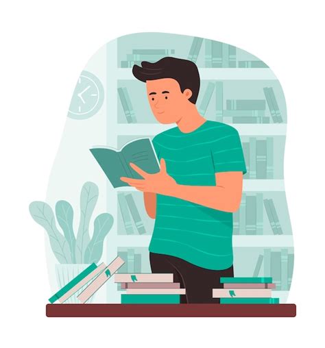 Hombre Leyendo Un Libro En La Biblioteca Vector Premium