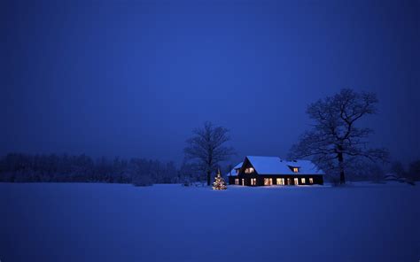 Wallpaper Landscape Night Nature Sky Snow Winter House Blue