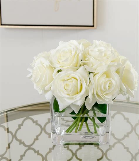 Real Touch White Roses Arrangement Artificial Faux Silk Flowers Square
