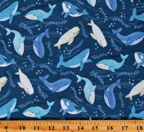 Cotton Tossed Whales Ocean Animals Nautical Navy Cotton Fabric Print By