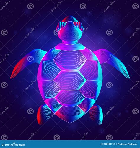 Sea Turtle Silhouette In Neon Line Art Style Abstract Hologram Or A