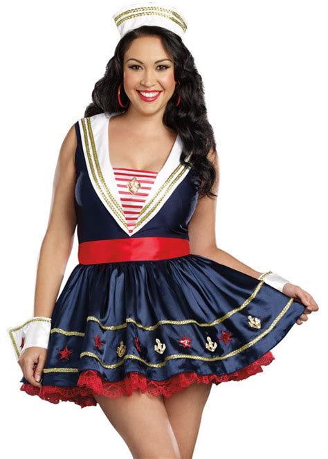 Sailor Girl Plus Size Halloween Costume Navy Blue Satin Dress With Red