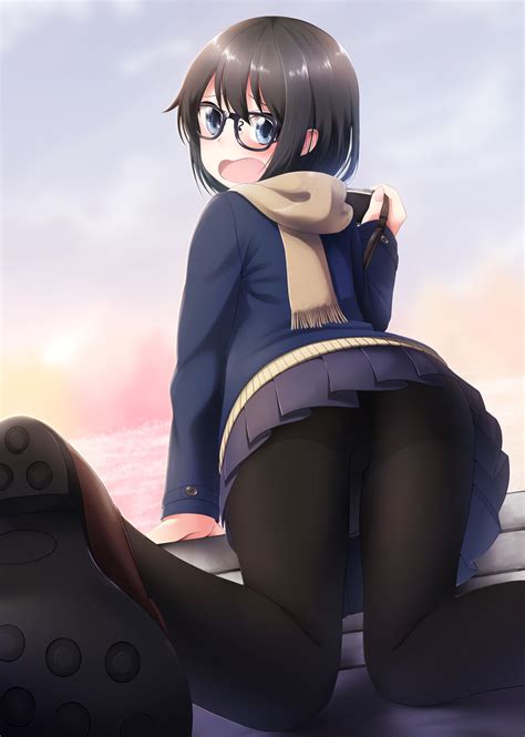 Wallpaper Anime Girls Blue Eyes Short Hair Glasses Stockings Cartoon Black Hair Skirt