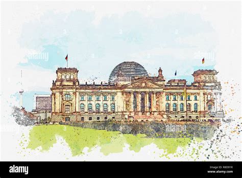 Aquarelle Ou Illustration Dune Belle Vue Sur Le Bâtiment Du Reichstag