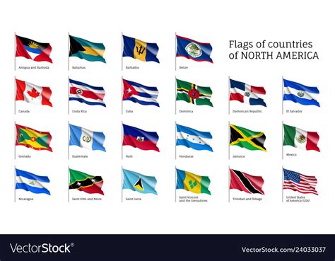 Realistic Waving Flags Of North America Continent Vector Image