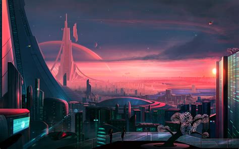 Space Art Futuristic City Science Fiction Joeyjazz Red Sky Hd