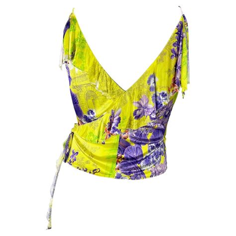 S S 2004 Versace By Donatella Neon Toile Orchid Print Ruffle Viscose Wrap Tank For Sale At 1stdibs