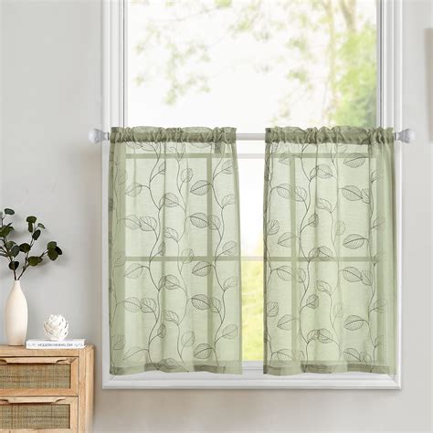Buy Topick Sage Green Sheer Kitchen Cafe Curtains Leaf Embroidered