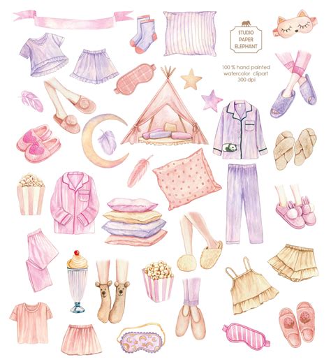 watercolor pajama party slumber party clipart pajama clipart slippers sleeping mask moon