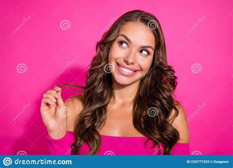 Portrait Of Attractive Cheerful Flirty Wavy Haired Girl Creating Solution Isolated Over Bright