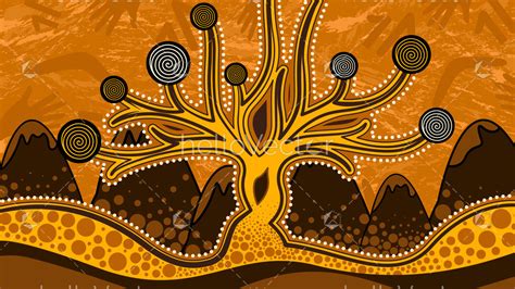 Tree On The Hill Aboriginal Art Vector Painting Depicting Nature
