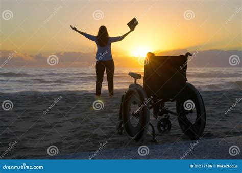 Miracle Spiritual Healing Crippled Woman Walking At Beach At Sun Stock