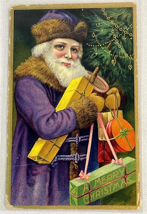Lot Antique 1910 Santa Claus In Purple Suit Carrying Ts A Merry
