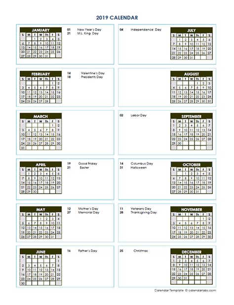 2019 Yearly Calendar Template Vertical Design Free Printable Templates