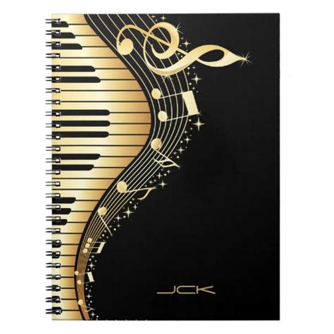 Monogram Elegant Black And Gold Music Notes Design Notebook Zazzle