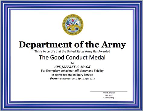 Certificate (letter) of good conduct (aka police certificate) is no longer issued immediately (same day) based on statutory declaration. Army Good Conduct Medal Certificate Template - Best ...