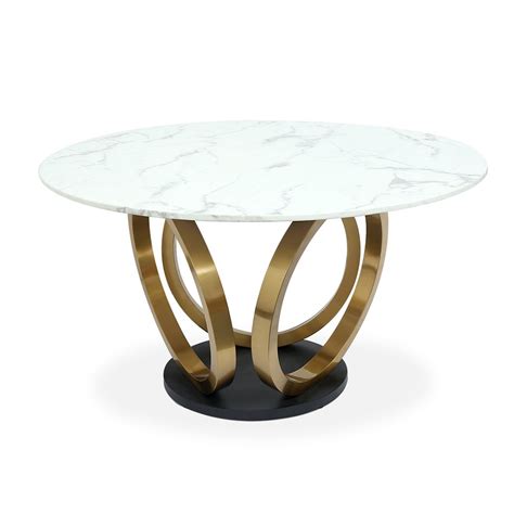 Modern Round White Dining Table With Marble Top And Stainless Steel Frame