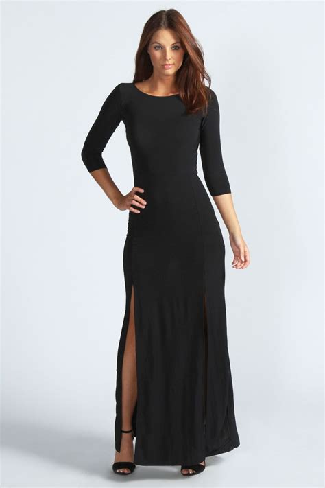 Harriet Long Sleeve Double Split Maxi Dress Long Sleeve Black Maxi