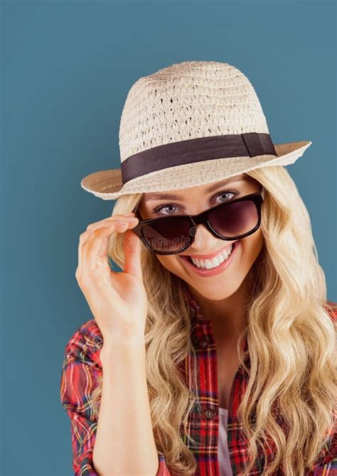 portrait of happy female hipster wearing sunglasses and sun hat stock image image of casual
