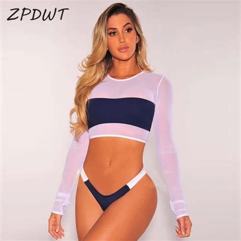 Zpdwt Long Sleeve Bathing Suit Sexy Mesh Swimwear Women Perspective Two Piece Swimsuit Bodysuit