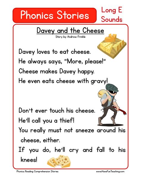 Reading Comprehension Worksheet Davey And The Cheese