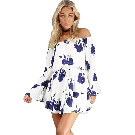 Sexy Off Shoulder Dress Summer Women Blue Flower Printed Casual Long Sleeve Beach Short Tunic