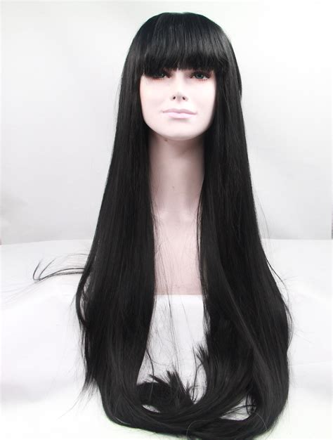 Lace Front Colorful Wigs With Bangs 42 Straight Black Long Lace Front