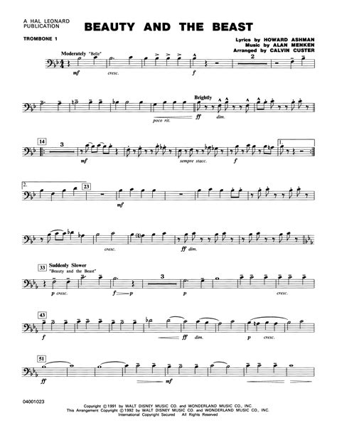 Beauty And The Beast Medley Trombone 1 Sheet Music Calvin Custer