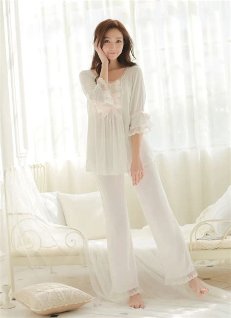 Women Cotton Sleepwear Set Pure White Pajamas Suits Sweet Princess Style Tracksuitspring Ankle