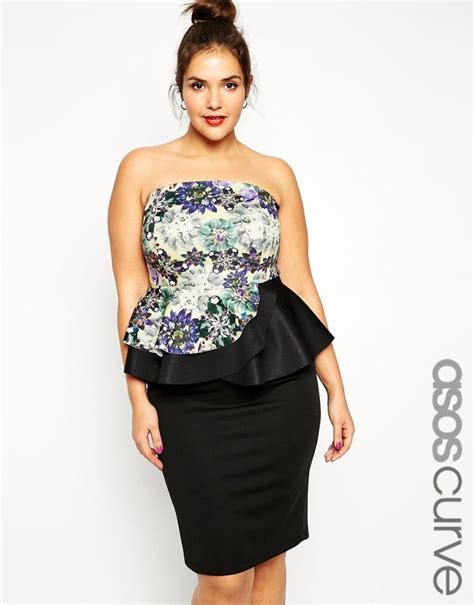 Find a plus size dress for any and every occasion online at you + all. ASOS CURVE Exclusive Bandeau Peplum Dress with Printed ...
