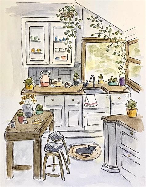 Watercolor And Ink Painting Of A Cozy Kitchen 9gag