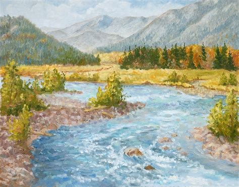 Original Oil Painting Landscape River Mountains By Sagewest