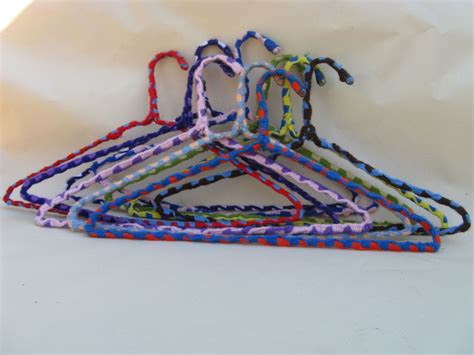 Set Of 10 Vintage Yarn Covered Grandma Hangers Crocheted Colorful