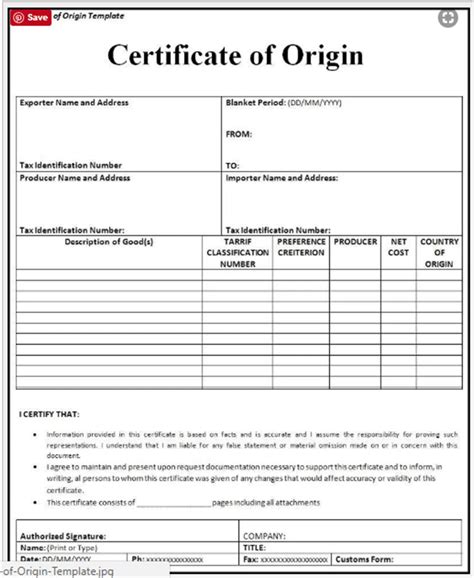 Free Printable Certificate Of Origin Form Template Pdfword