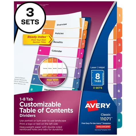 Avery Ready Index 8 Tab Binder Dividers Customizable Table Of Contents