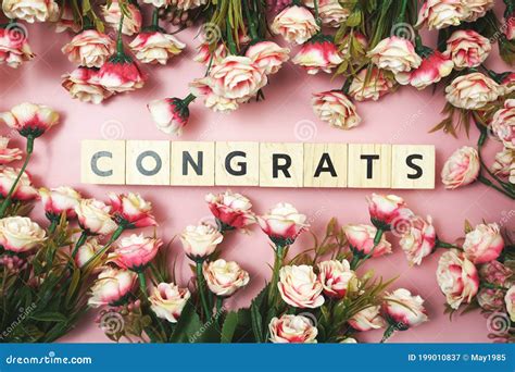 Congrats Alphabet Letter With Blooming Flower On Pink Background Stock