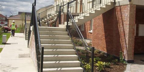 The precast stairs are then set on the brackets and pads using a boom truck. Precast Stairs, Combined Stairs And Landing Units