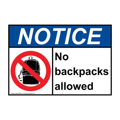 Notice Sign No Backpacks Allowed Ansi Policies Regulations