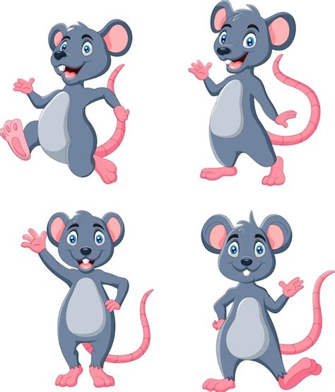 Cartoon Funny Mouse Waving Collection Set Premium Vector