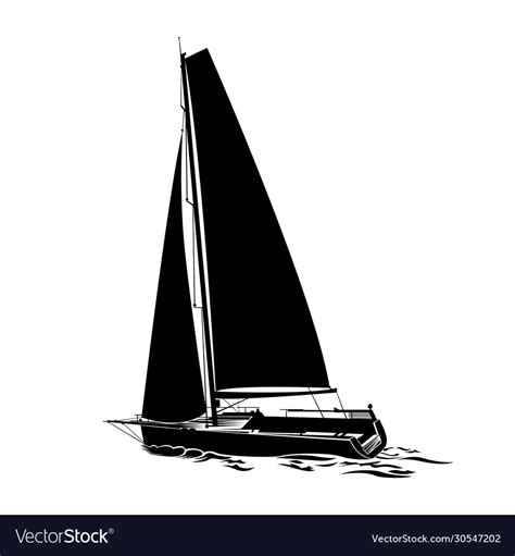 Sailing Yacht Sails On Waves Silhouette Royalty Free Vector