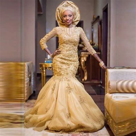 Buy Gold Appliqued Mermaid Wedding Dress For Nigeria Women 2016 Illusion