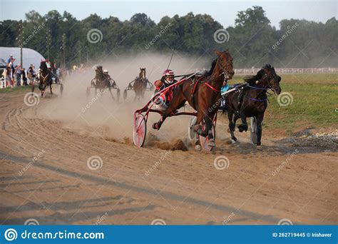 Horses And Riders Running At Horse Races Russia Chuvash Republic